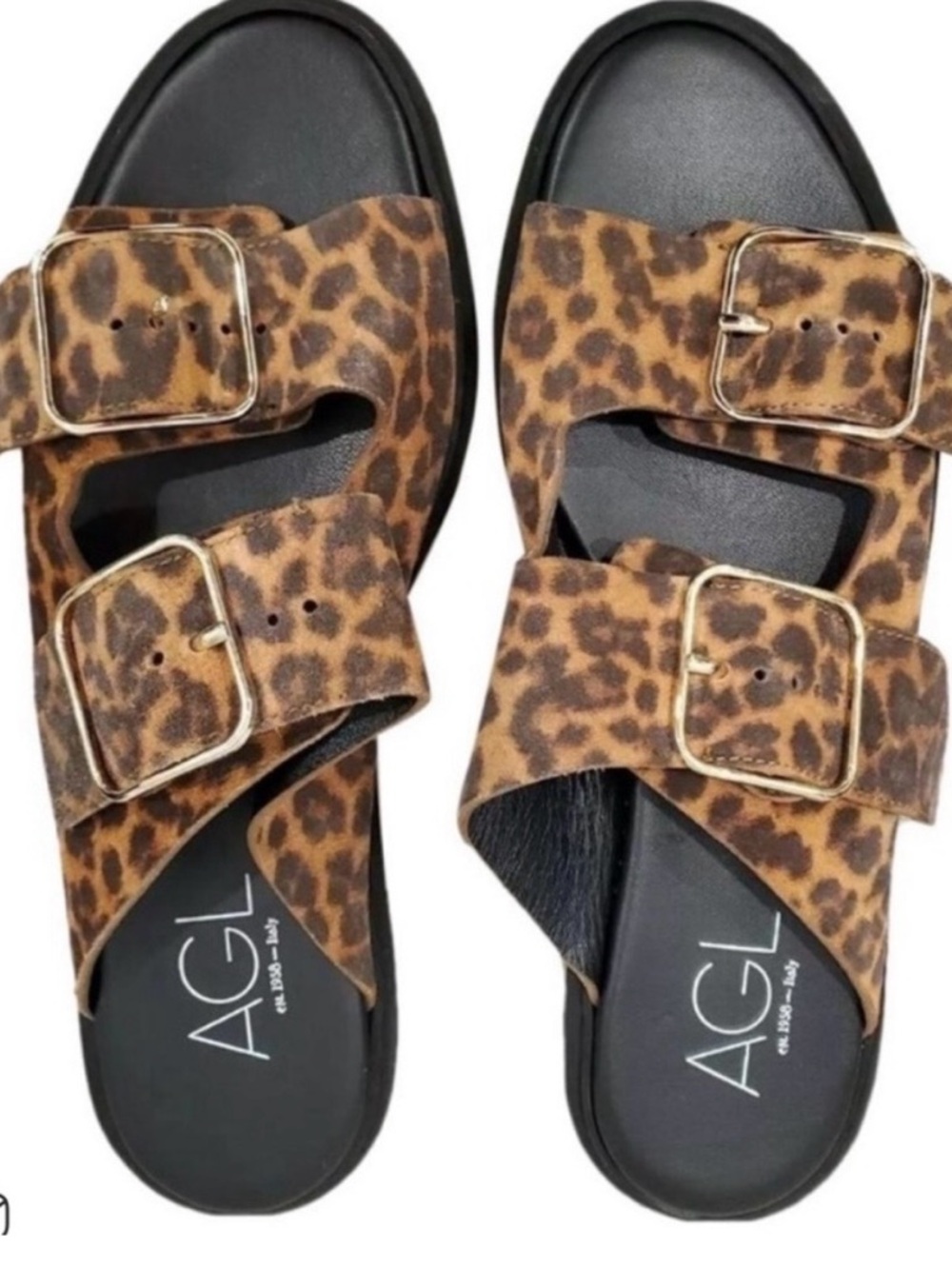 AGL Leopard-Print Double Buckle Slide Sandals - Brown/Black